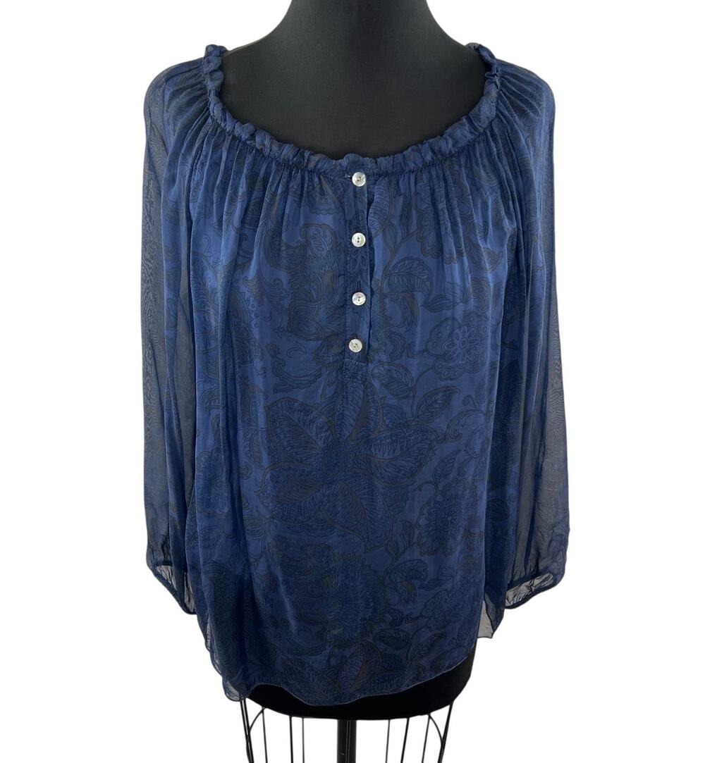 Made in Italy Blue Top Floral Lined Lace Ruffle Henley Pleated Balloon Sleeve M?